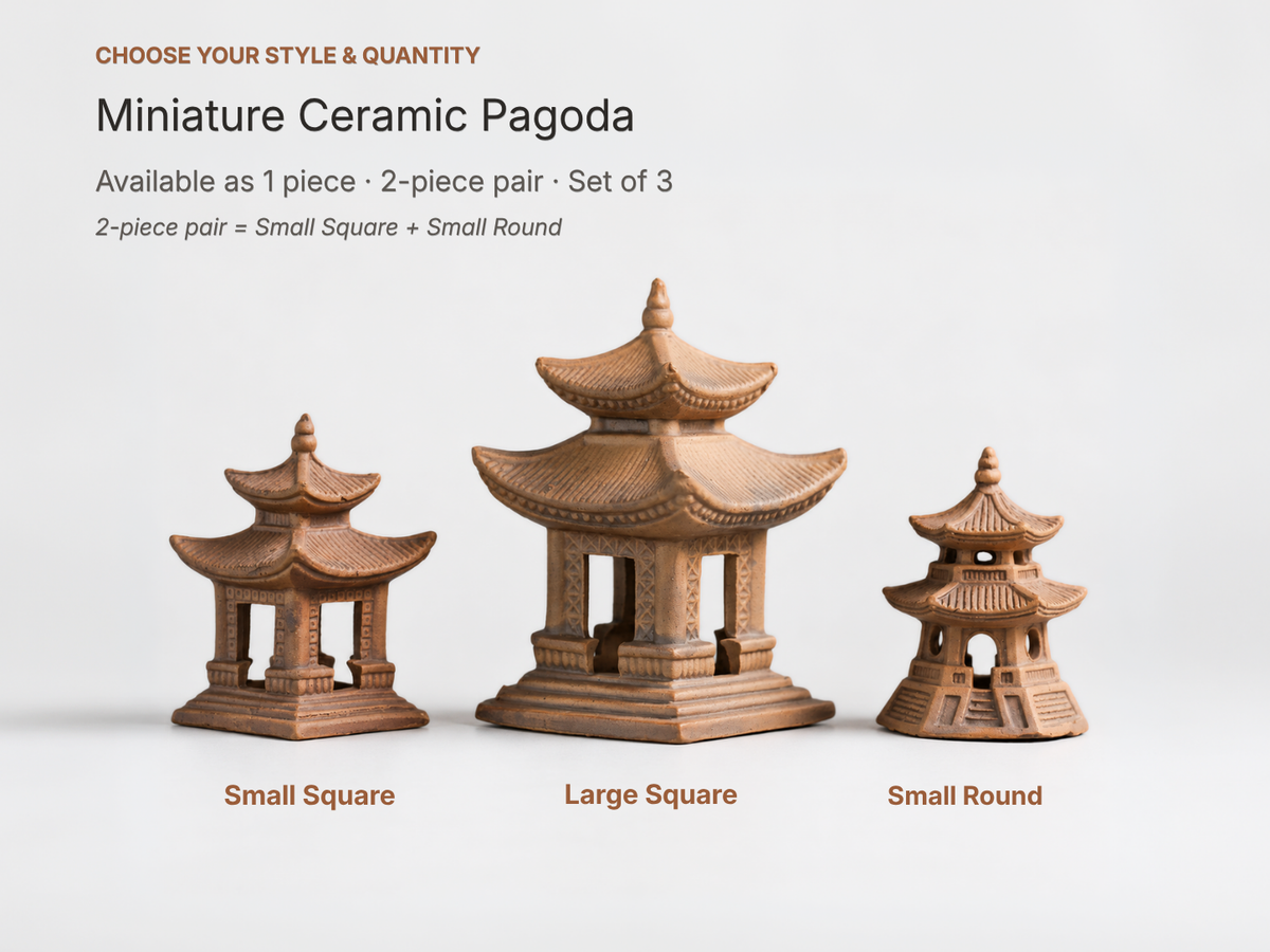 Miniature Japanese Pagoda Set for Bonsai & Zen Gardens | Antique Brown
