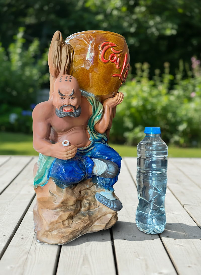 This ceramic figurine pot is shown next to a water bottle for size reference. A great bonsai statue pot.