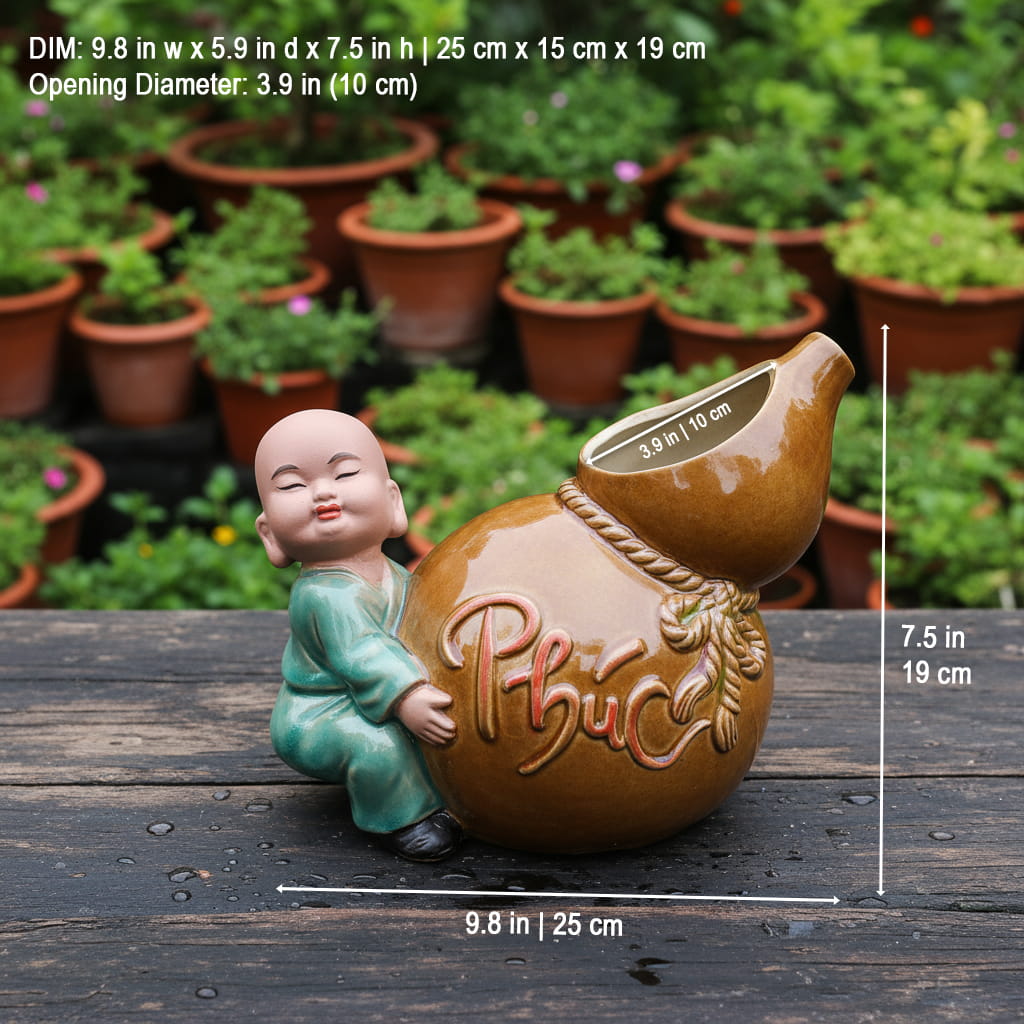  A statue bonsai planter showing dimensions: 9.8 in wide, 7.5 in tall. The pot is gourd-shaped.