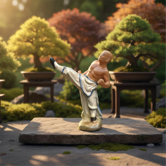A kicking monk ceramic figurine stands on a stone slab. A creative idea for Bonsai decoration.