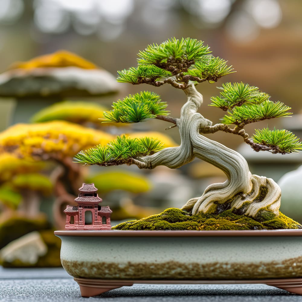 A small red ceramic three entrance gate is placed next to a bonsai tree in a pot.