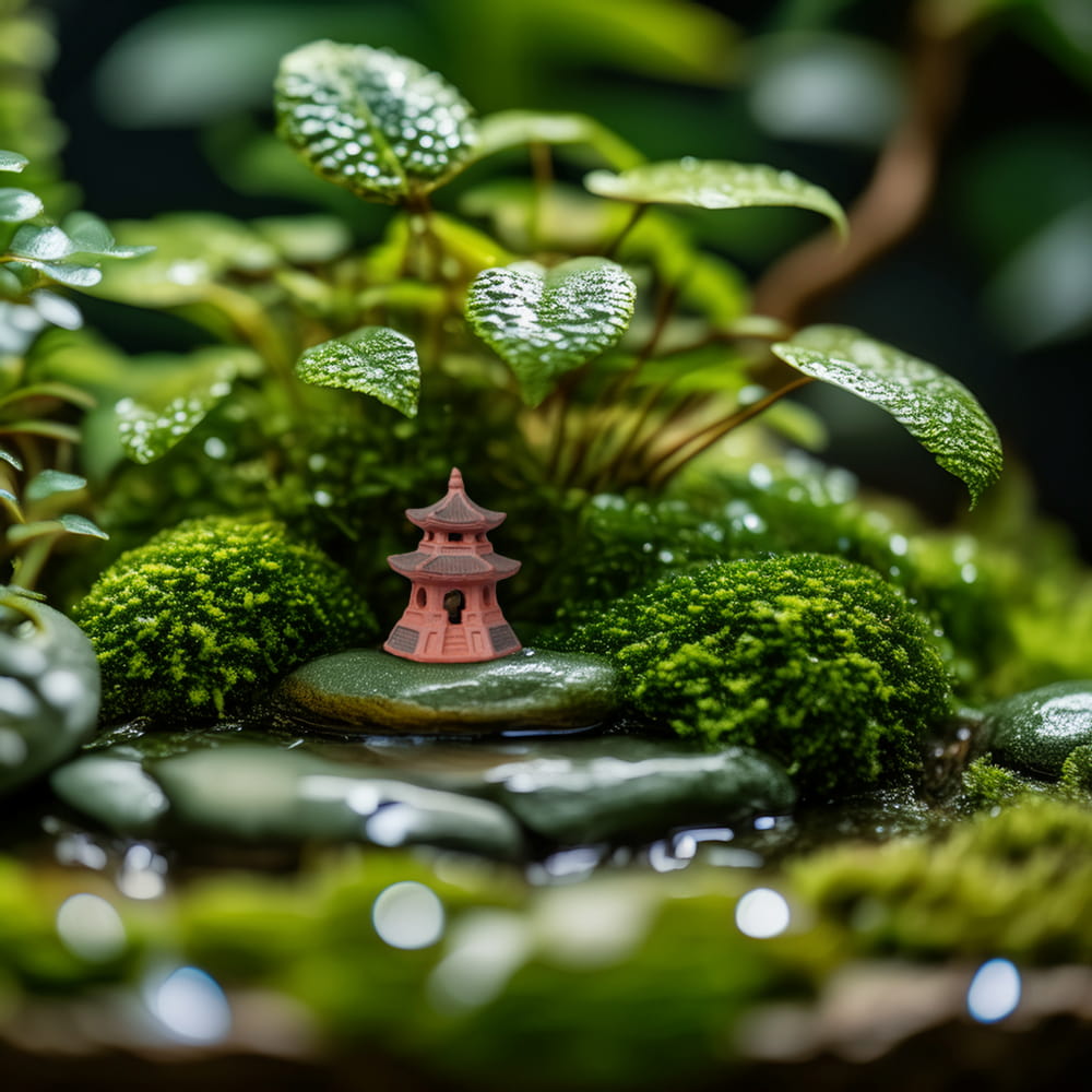 A miniature Japanese pagoda sits on a mossy stone in a vibrant terrarium. The red pagoda contrasts beautifully with the surrounding greenery, creating a focal point.