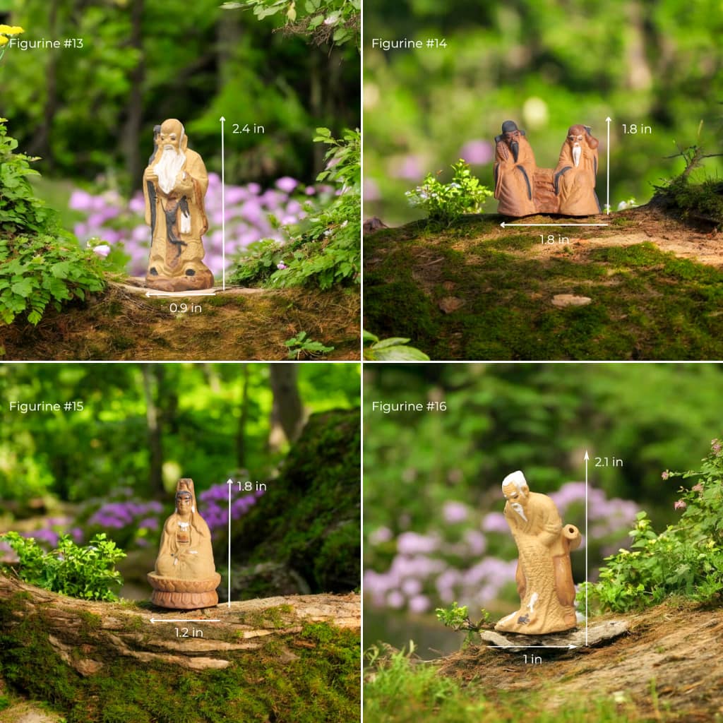 Four standing Chinese mudmen figurines, made of ceramic, bring a sense of history and tranquility to a bonsai garden.