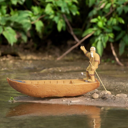 Ceramic Old Fisherman Rowing Boat Figurine