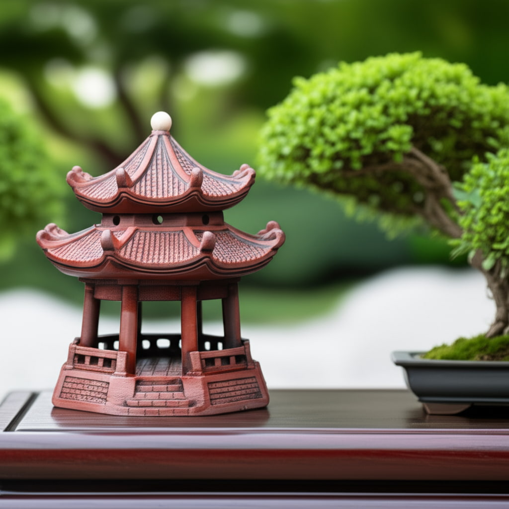This ceramic pagoda statue sits on a dark wood table, a detailed bonsai decoration next to a bonsai tree.