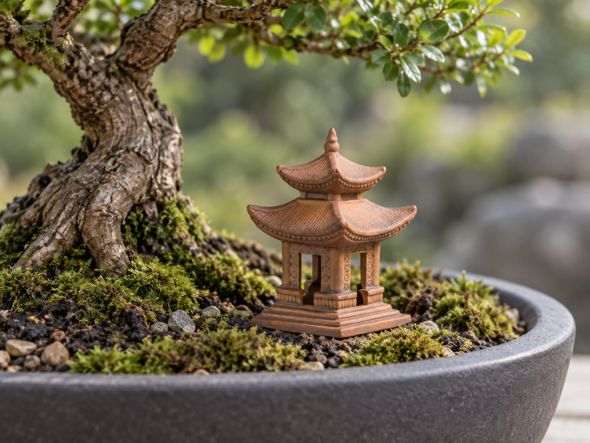 Miniature Japanese Pagoda Set for Bonsai & Zen Gardens | Antique Brown