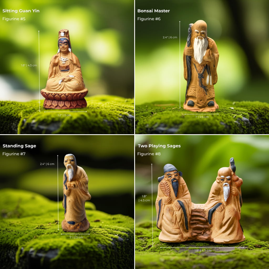 Four Bonsai tree figurines: Guan Yin, a bonsai master, and wise sages. Classic Chinese mudmen