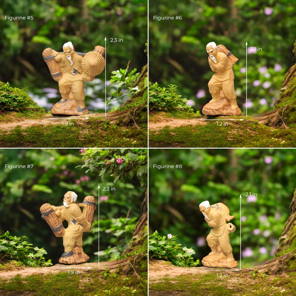 Four small ceramic figurines depict men carrying bundles on their backs, adding a touch of ancient Chinese culture to a bonsai display.