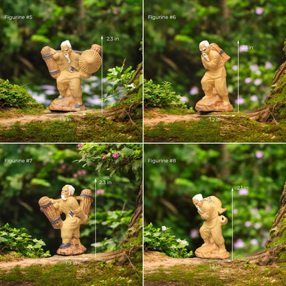 Four small ceramic figurines depict men carrying bundles on their backs, adding a touch of ancient Chinese culture to a bonsai display.