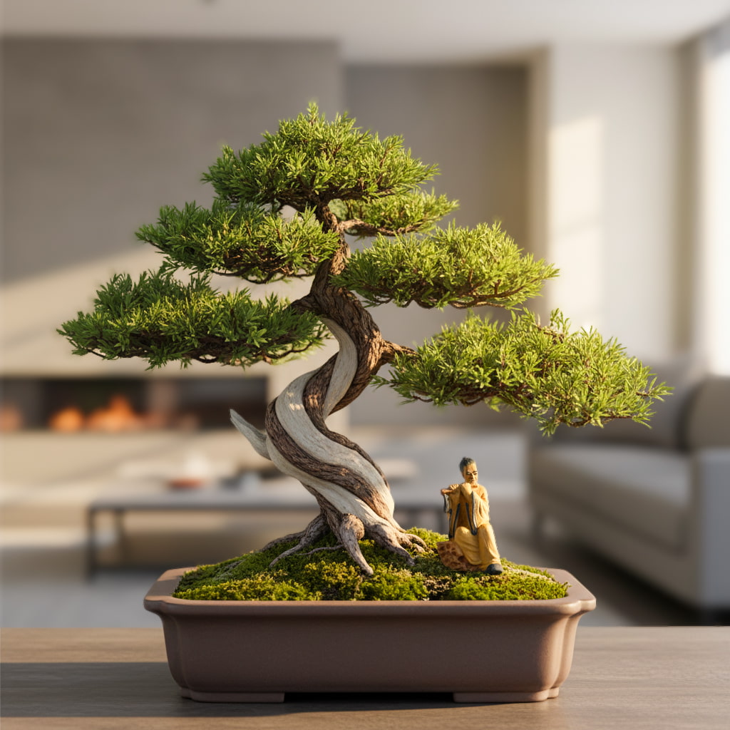 Flute Player Mudmen Figurine Ceramic Sitting Pose on a Bonsai tree in living room background