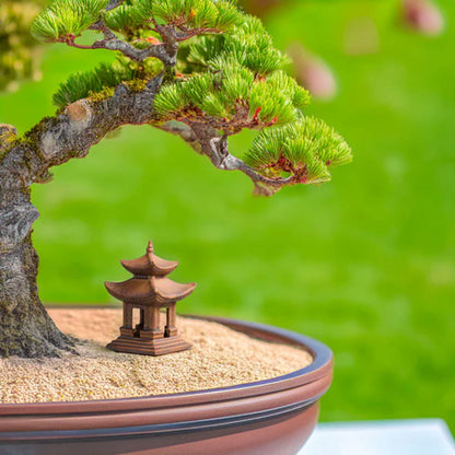  A close-up shows a small, reddish-brown miniature pagoda figurine at the base of a bonsai tree, partially covered by moss.