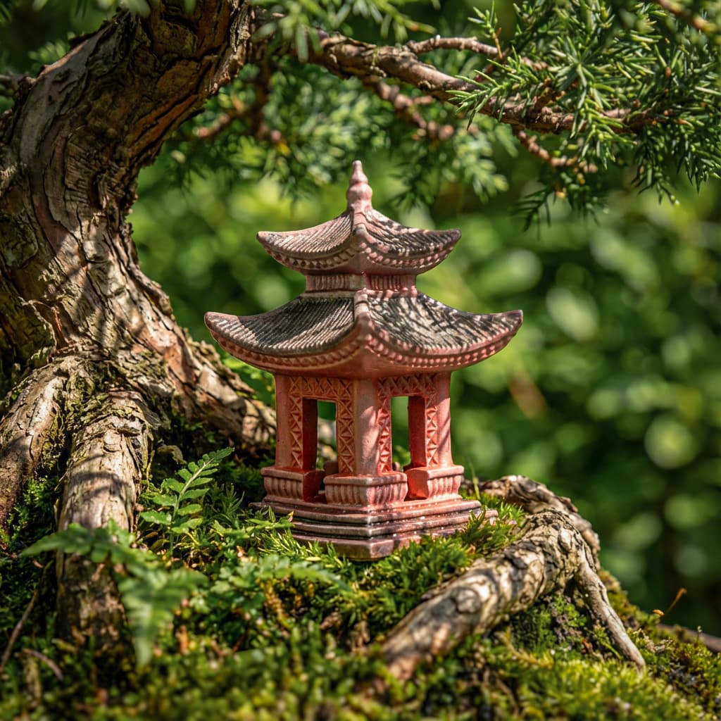 A close-up view of a reddish-brown bonsai figurine nestled securely between thick tree roots and fresh green moss. This double-roofed bonsai statue features intricate rustic clay textures illuminated by sunlight.