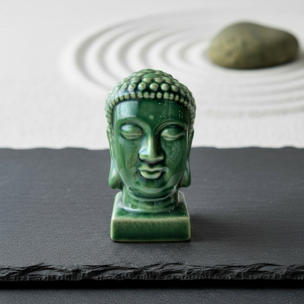 An emerald buddha head statue on slate in a zen garden. Serene green buddha statue decor