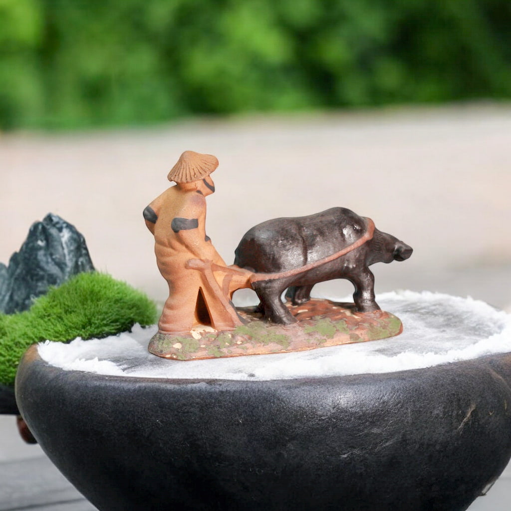 Ceramic Farmer & Plowing Buffalo Figurine