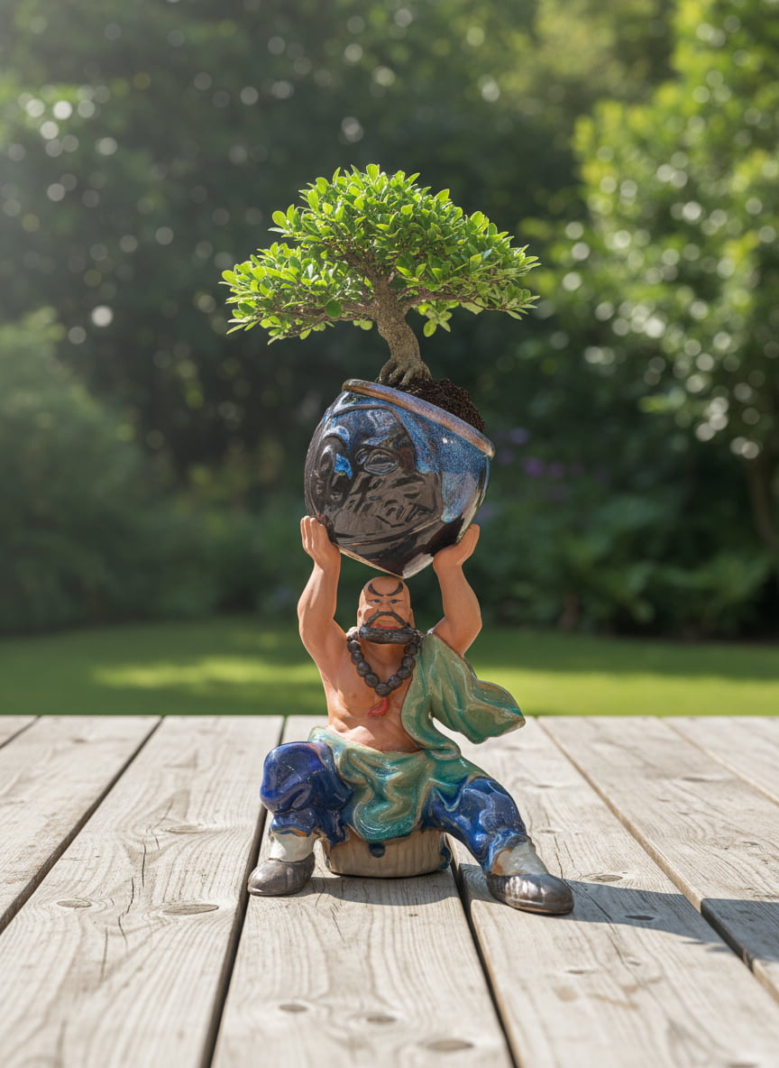  A strong man figurine bonsai planter with a tree. This unique bonsai pot sits on a wooden deck.