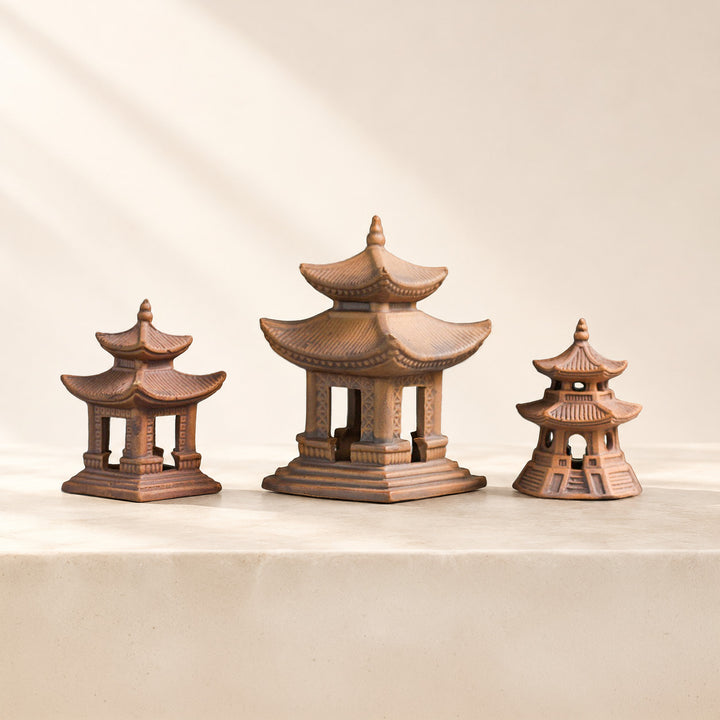 Miniature Japanese Pagoda Set for Bonsai & Zen Gardens | Antique Brown