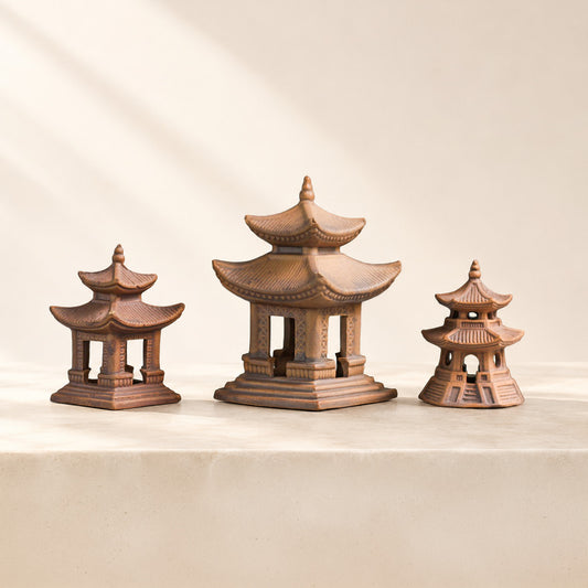 Miniature Japanese Pagoda Set for Bonsai & Zen Gardens | Antique Brown