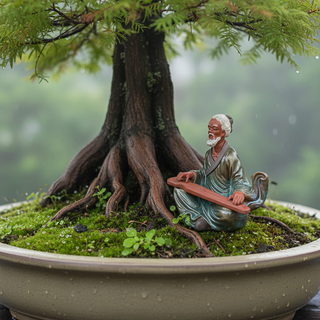 A green glazed ceramic figurine sits in the rain. A beautiful and unique bonsai figurine.