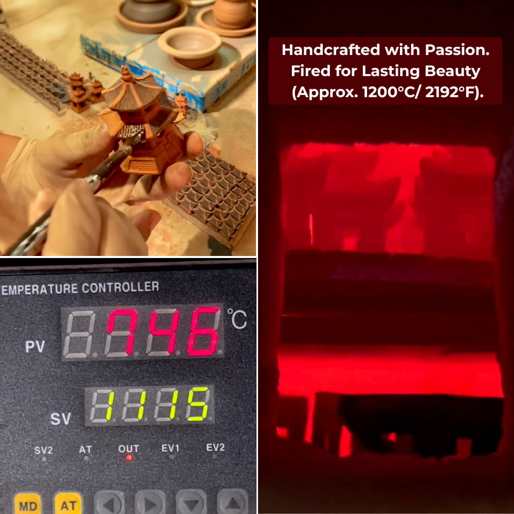 Handcrafting process of Vietnamese miniature red Japanese ceramic pagodas: artisan painting details and high-temperature kiln firing at 1200°C / 2192°F.