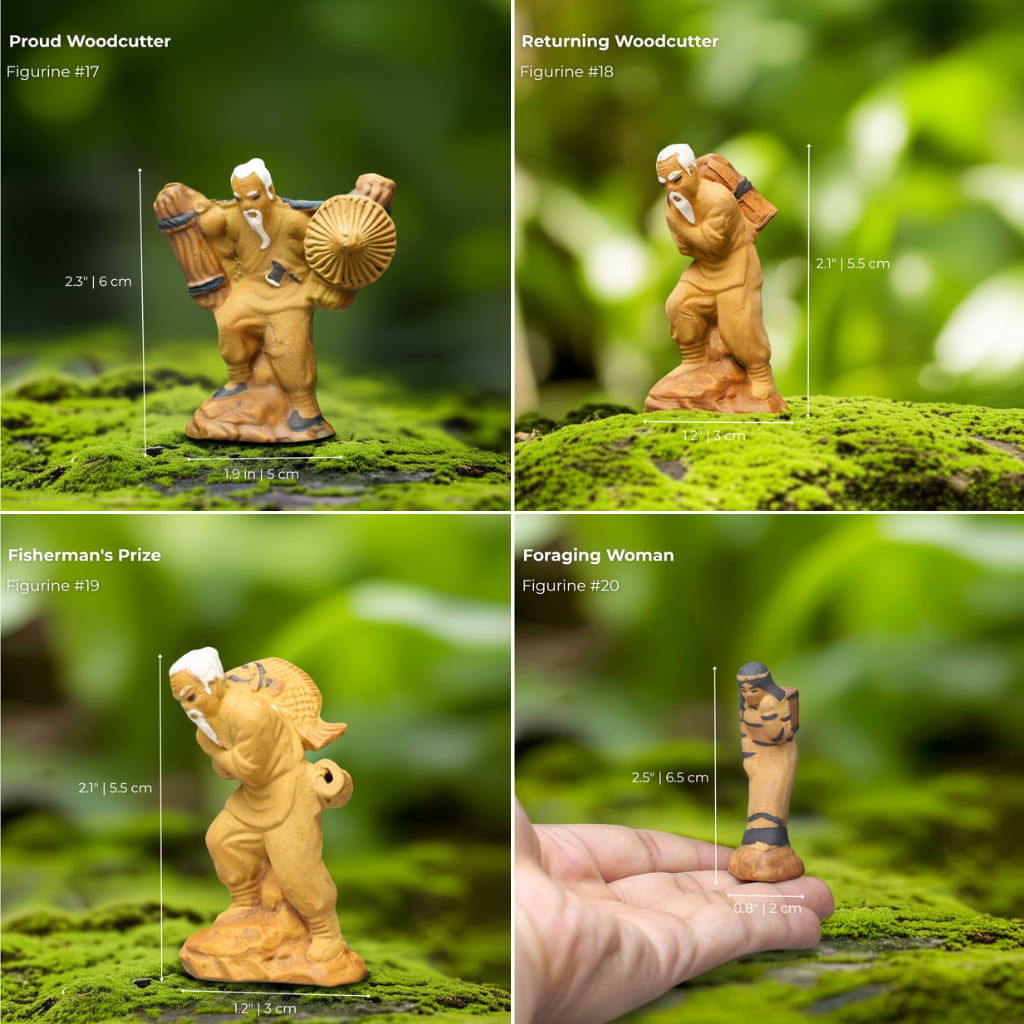  Four bonsai mudmen: a woodcutter with an axe, another carrying a load, a fisherman, and a woman.
