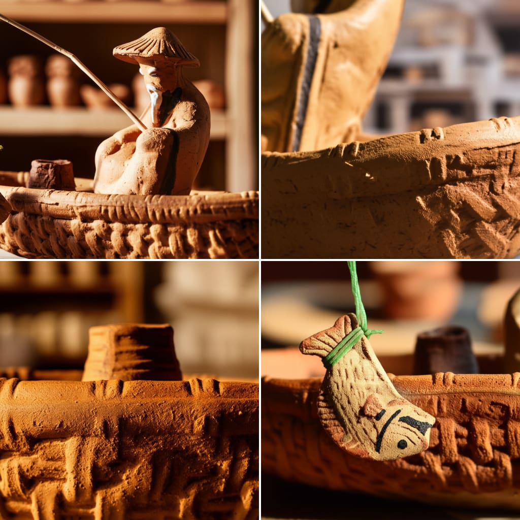 Close-up views of a Chinese fisherman figurine. See the boat texture, hat, and fish. A unique bonsai figurine.