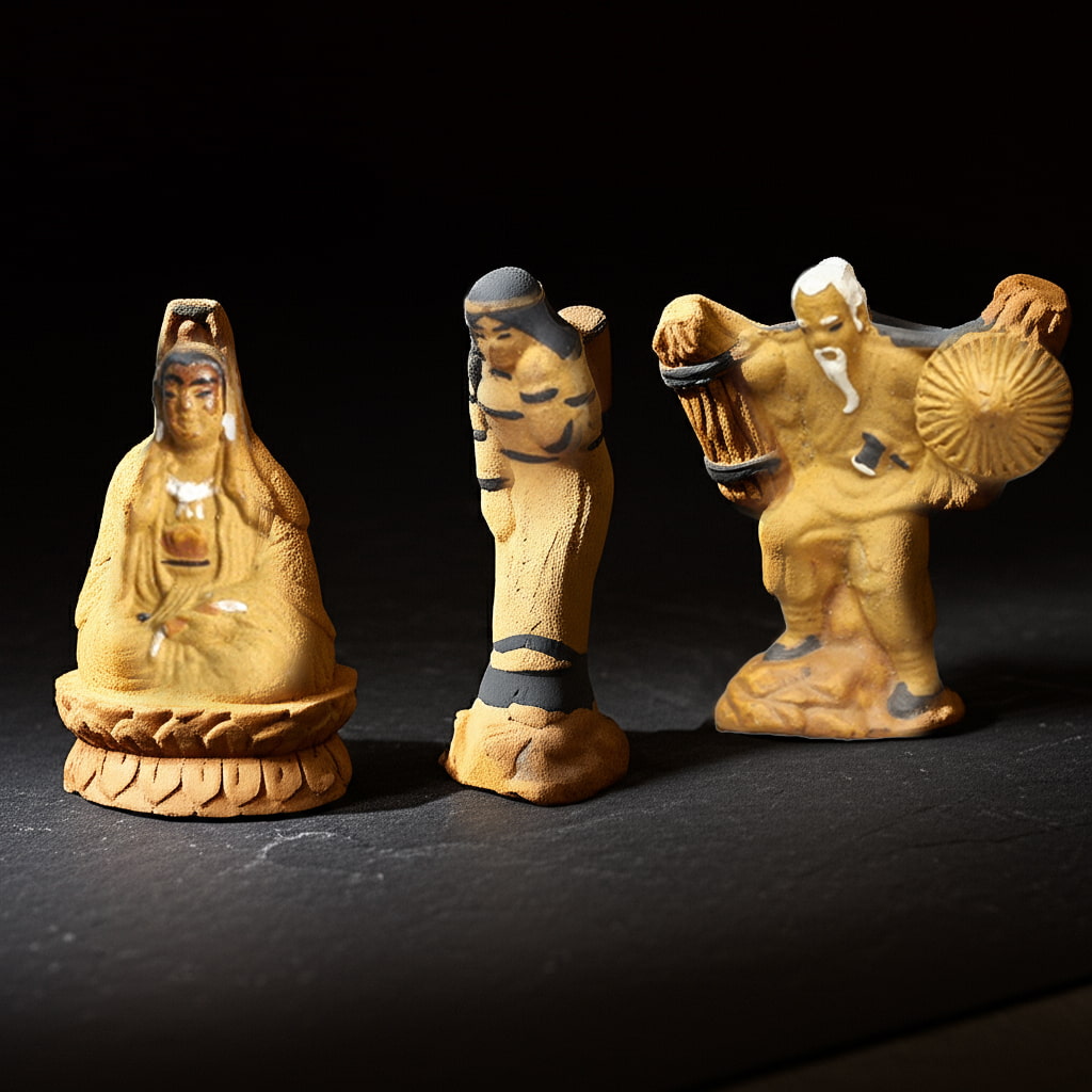 A close-up of three detailed Chinese mudmen figurines. Each unique bonsai mudmen is handcrafted.