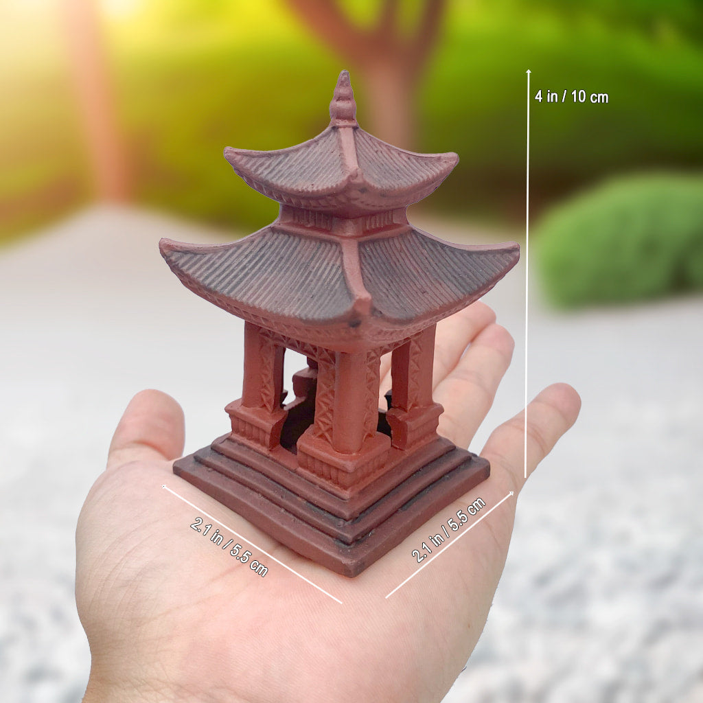 Hand holding large square handcrafted miniature Japanese pagoda for bonsai. Ideal bonsai decor. 