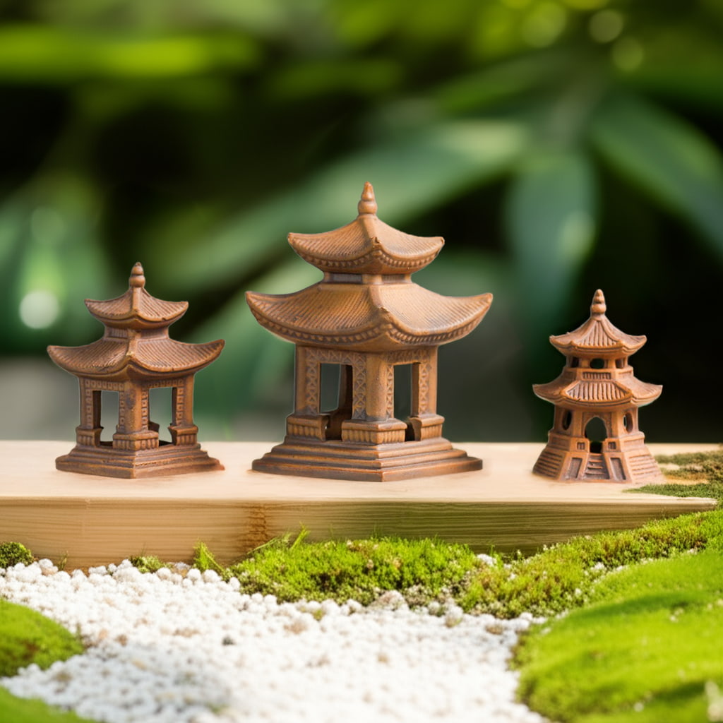 Set of three brown handcrafted pagoda statues, ceramic pagoda for bonsai & Zen garden decor
