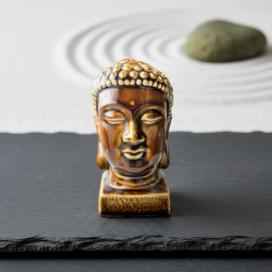 A brown, glossy buddha head statue on slate. This handmade buddha statue is a serene figurine.