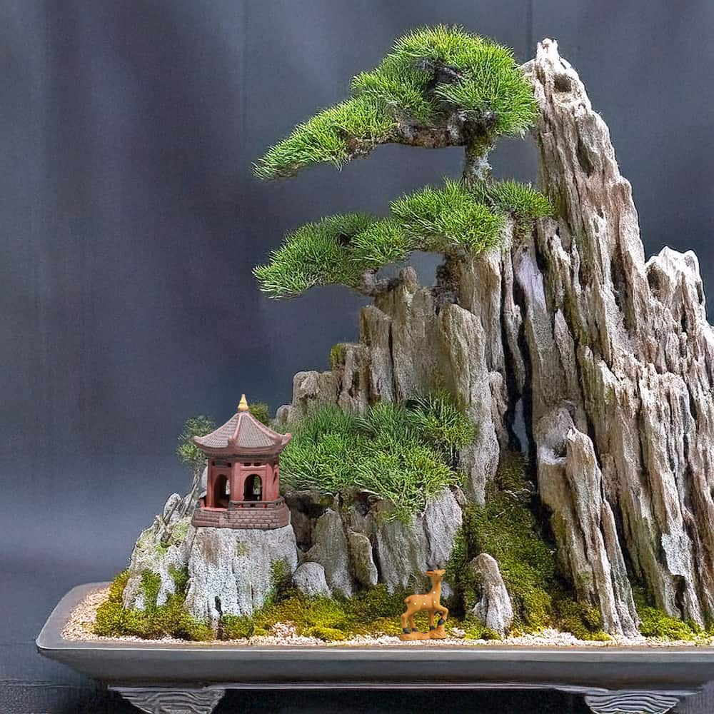 Ceramic Hexagonal Pavilion Statue | Miniature Pagoda for Bonsai