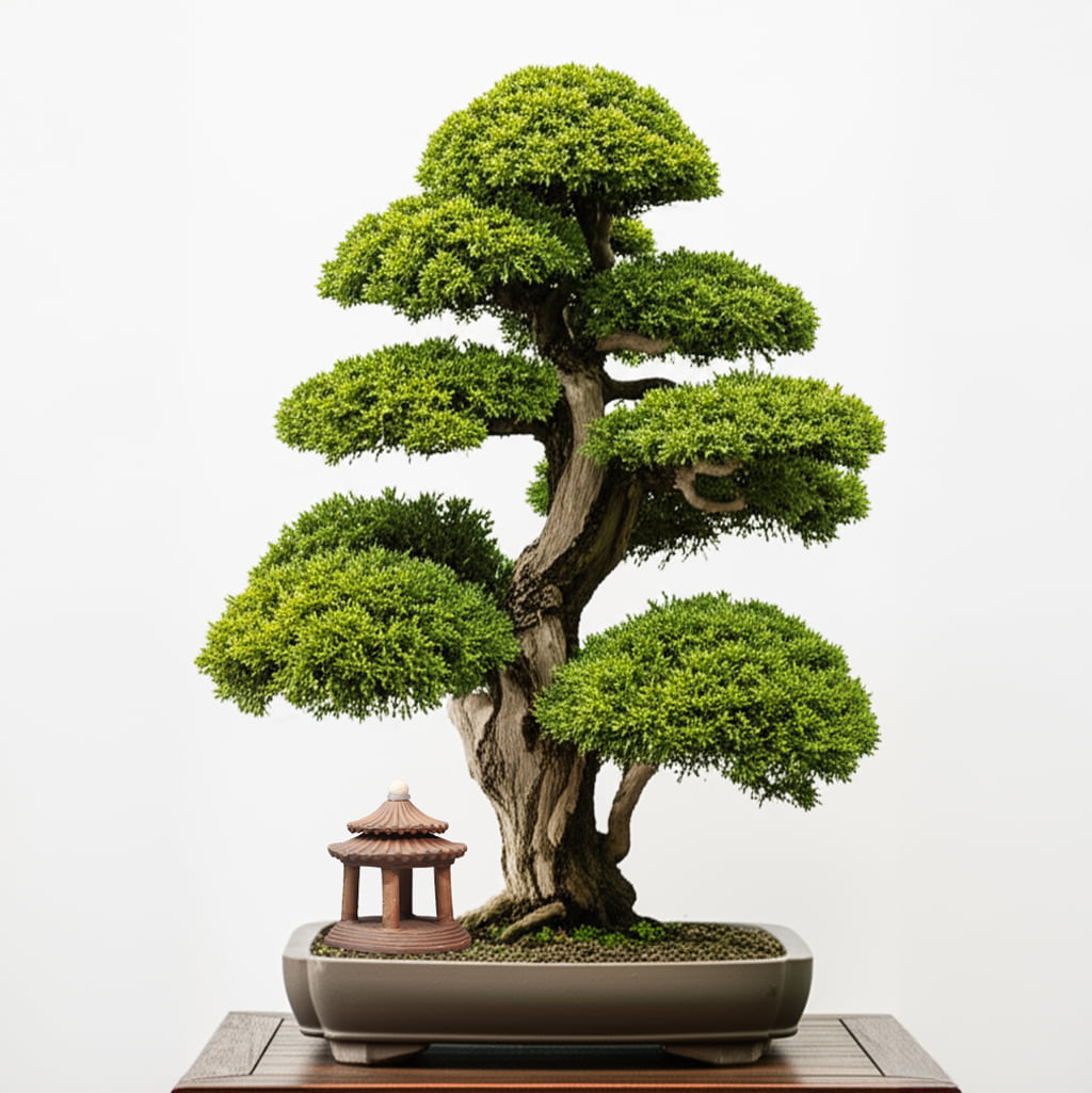 A tall bonsai tree with a small brown pagoda statue at its base, a perfect Bonsai figurine.