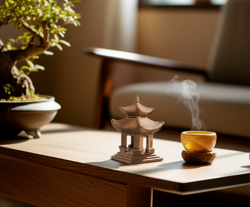 A miniature Japanese pagoda for bonsai is used as home decor, sitting on a wooden table next to a steaming cup of tea, creating a peaceful and serene atmosphere.