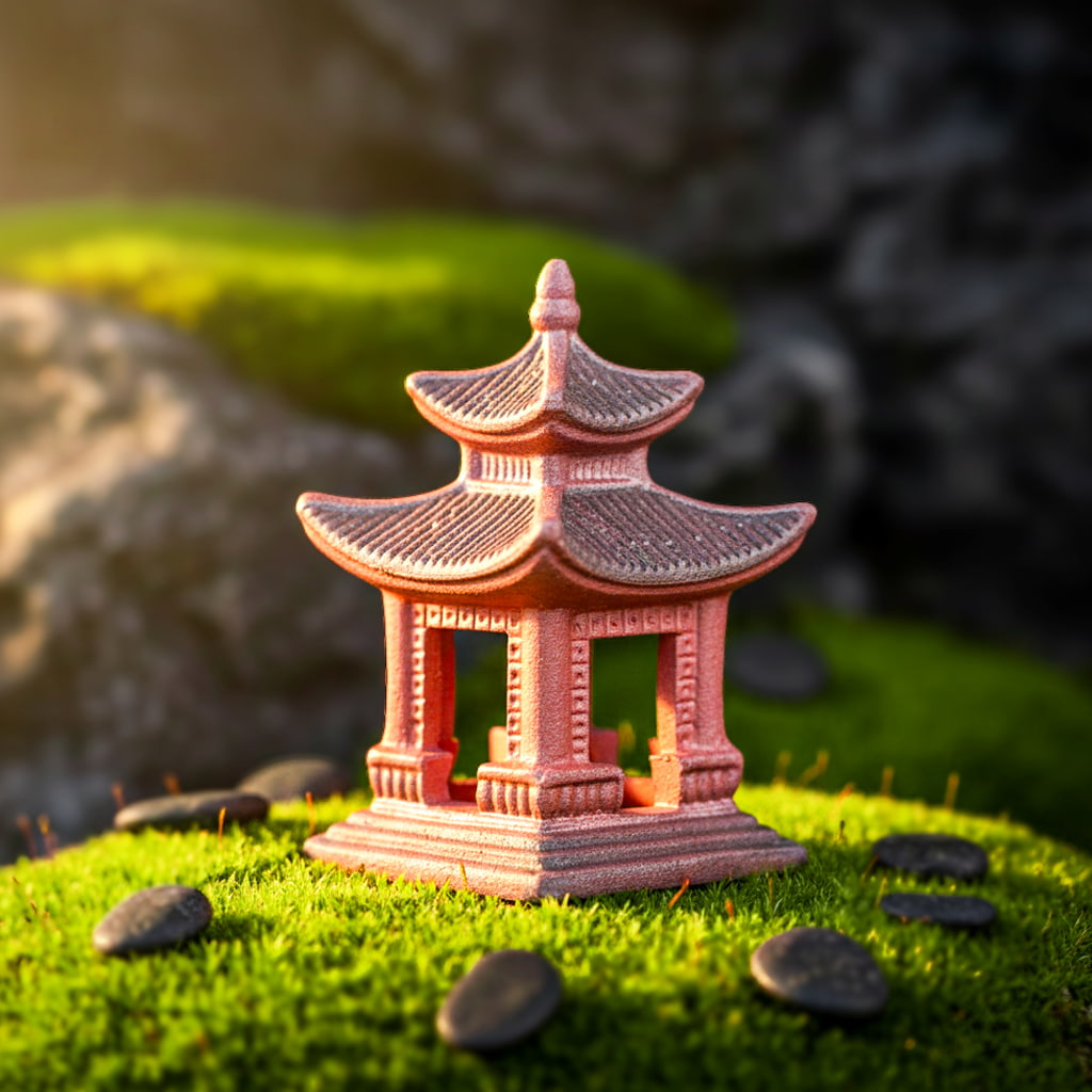 A two-tiered japanese pagoda decor piece with open pillars and a textured grey roof. This ceramic figurine is placed on vibrant green moss, highlighting its rustic reddish clay finish suitable for bonsai figurines.