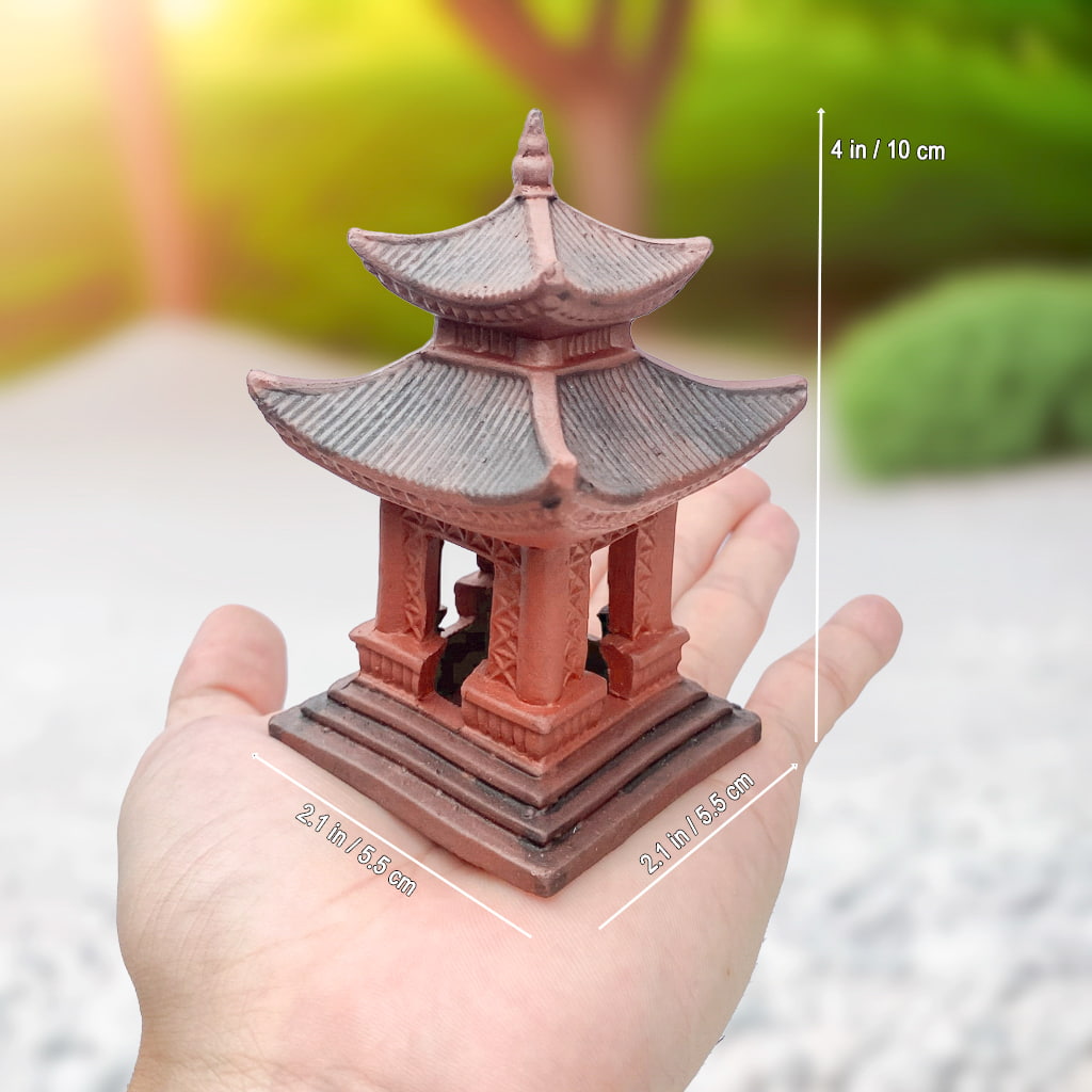 Hand holds larger red/grey pagoda, ceramic bonsai figurine. Bonsai tree figurine, bonsai decorations. 4in H