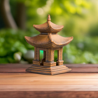  Front view: large square miniature Japanese pagoda, ideal for traditional bonsai decor. 