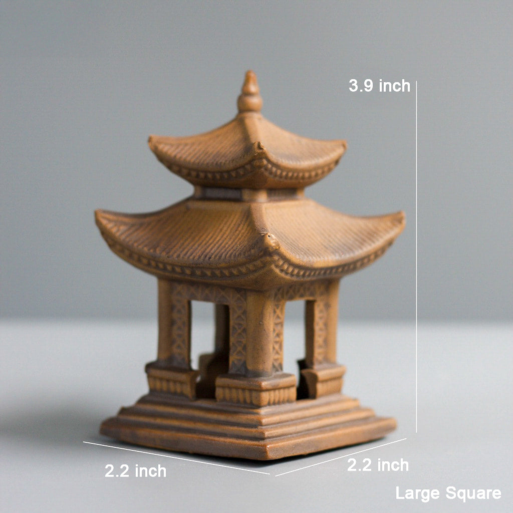 The large square Japanese pagoda statue with text overlays showing its dimensions: 3.9 inches tall and 2.2 inches wide.