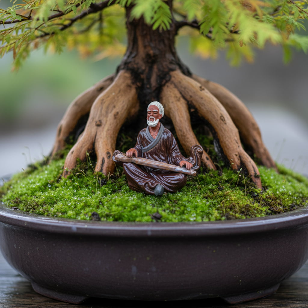A miniature bonsai figurine of a man sits at tree roots. Great for Bonsai decoration.