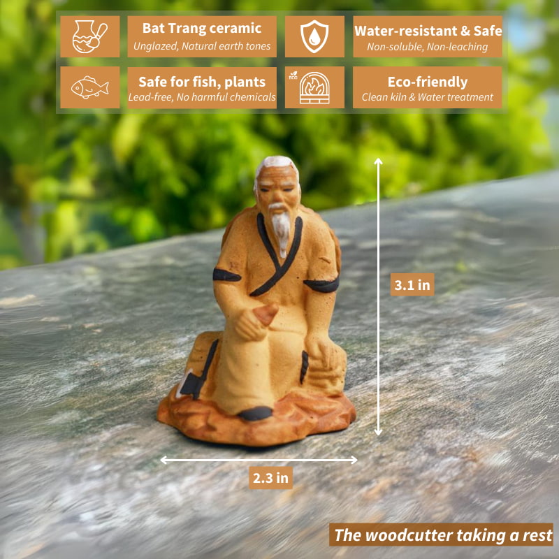 A wise old woodcutter, hand-sculpted from Bat Trang ceramic, rests on a rock, his thoughtful gaze inviting contemplation and peace. This set of three miniature woodcutters, each in a different pose, brings a touch of life and movement to any bonsai display, capturing the essence of rural Vietnam.