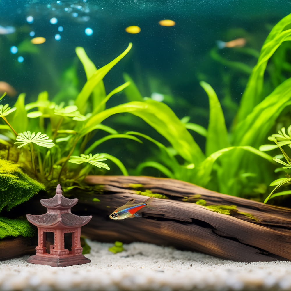  A small, red Japanese pagoda sits on a white sandy bottom in an aquarium. Vibrant green aquatic plants and a piece of driftwood create a natural habitat around the pagoda.