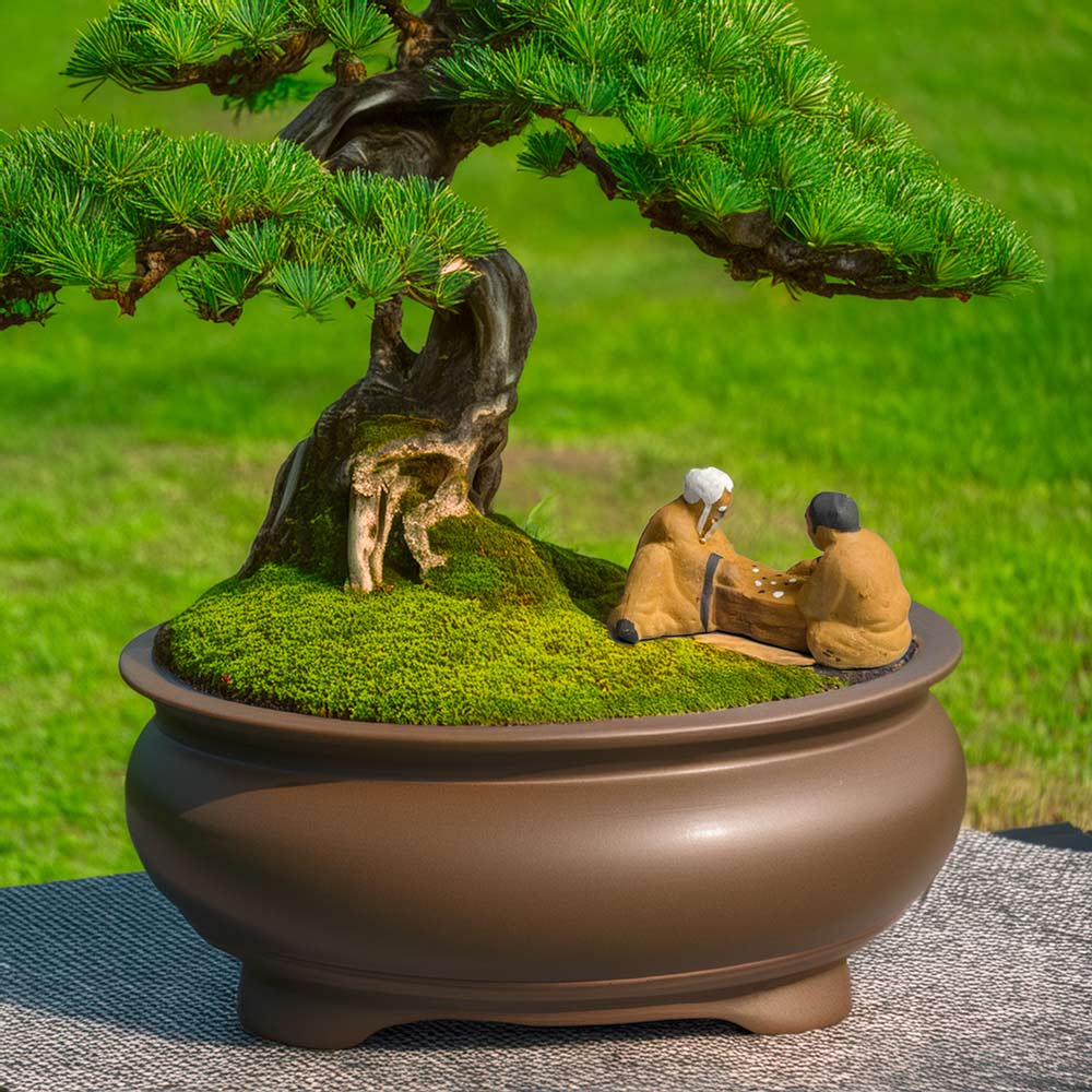 Nestled beneath the shade of a bonsai tree, two miniature mudmen enjoy a quiet game of chess, bringing a touch of peaceful contemplation to this miniature garden.