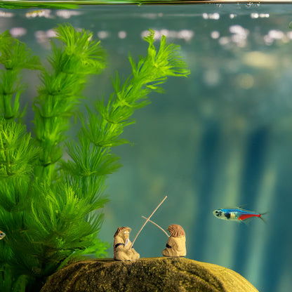 Two miniature mudmen, patiently waiting with their fishing rods, sit on a moss-covered rock in a serene aquarium, a tiny fish swims nearby.