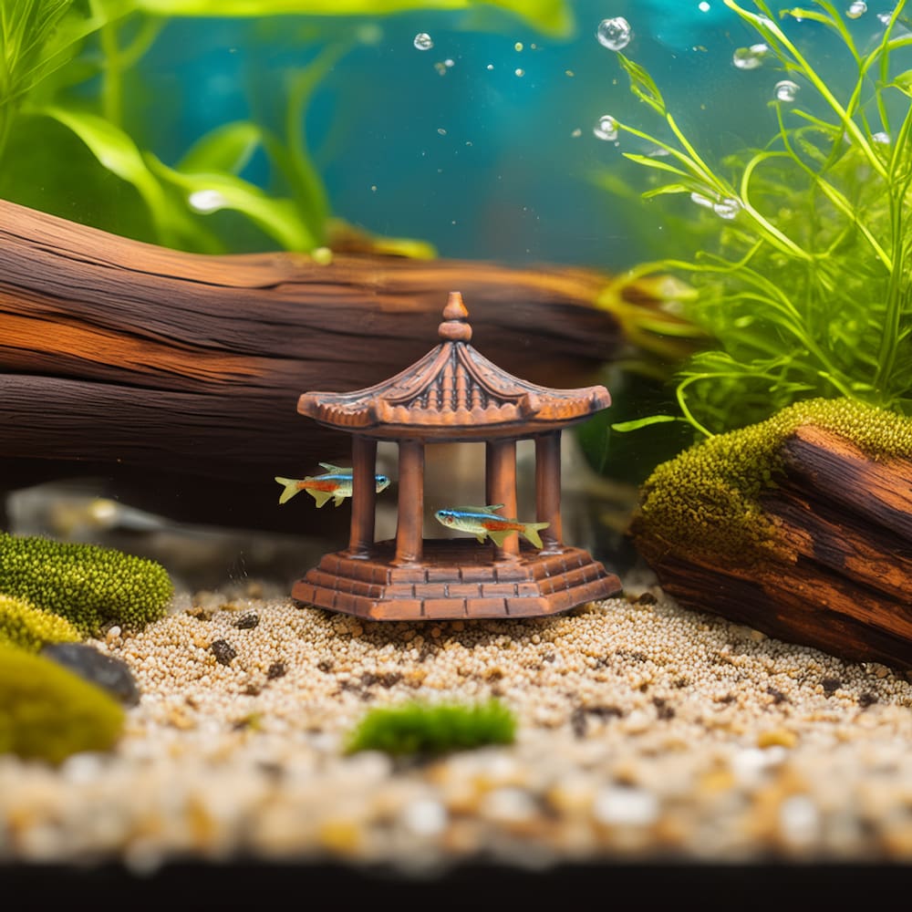 A small ceramic pagoda statue in an aquarium with green plants and fish.