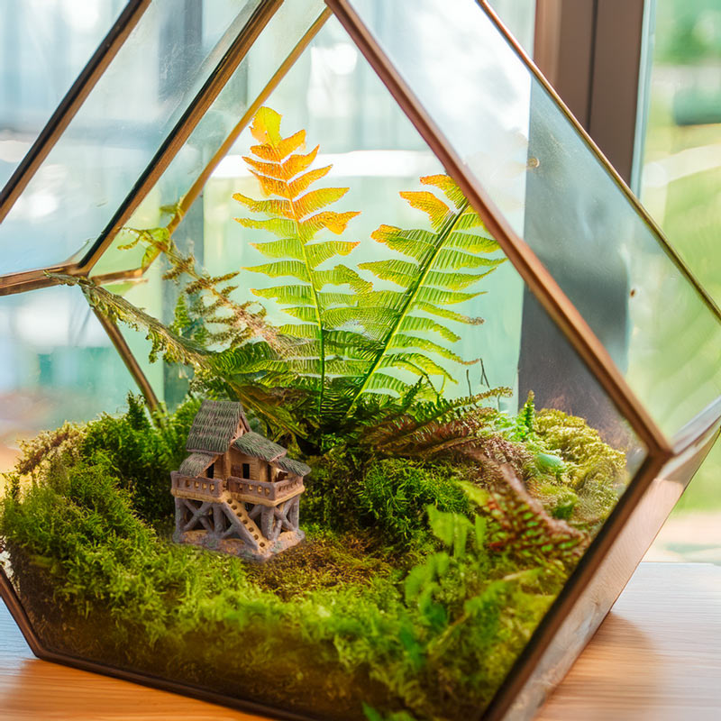 A miniature ceramic treehouse, surrounded by lush green ferns and moss inside a geometric terrarium, creates a miniature world of wonder and tranquility.