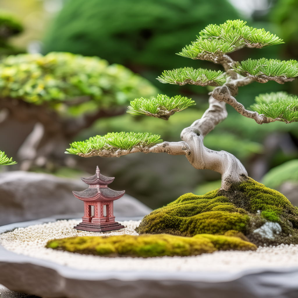 Miniature Japanese pagoda in Zen garden decor with bonsai. Small pagoda for garden. 