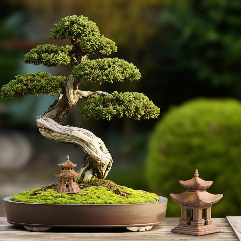 Two brown ceramic pagoda figurines are shown with a bonsai tree. A smaller miniature pagoda figurine is on the moss, while a larger Japanese pagoda statue sits on the table, both serving as bonsai pagoda accessories.