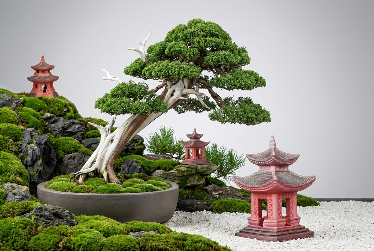 A light brown ceramic pagoda rests snugly between thick, rough tree roots and bright green ferns. Dappled sunlight casts shadows on the double roof, highlighting this miniature pagoda decor as a natural piece of Japanese decor.