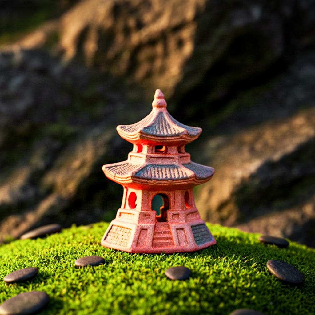 A three-tiered miniature pagoda made of reddish Hoang Tho clay sits atop a lush green moss mound. The ceramic structure features grey-toned roofs and small arched windows, surrounded by smooth black river stones in a zen garden decor setting.