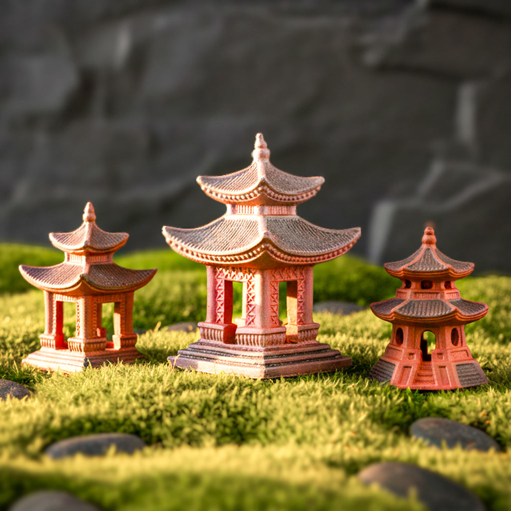 A collection of three different miniature pagoda styles arranged on a bed of green moss and dark pebbles. Each piece shows the unique reddish-brown texture of fired Hoang Tho clay, perfect for japanese pagoda decor and creating a peaceful zen garden decor.