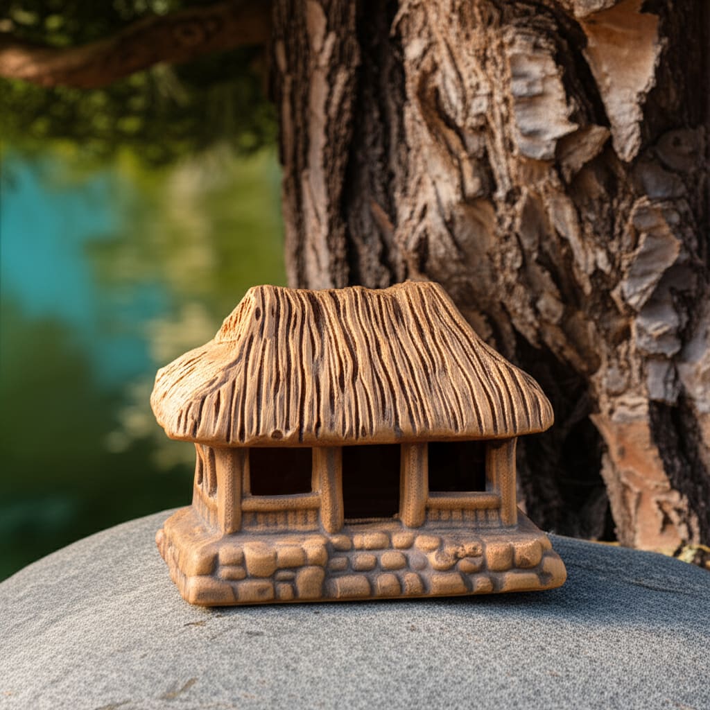  A miniature ceramic house on a large rock, part of our mudmen figurines collection.