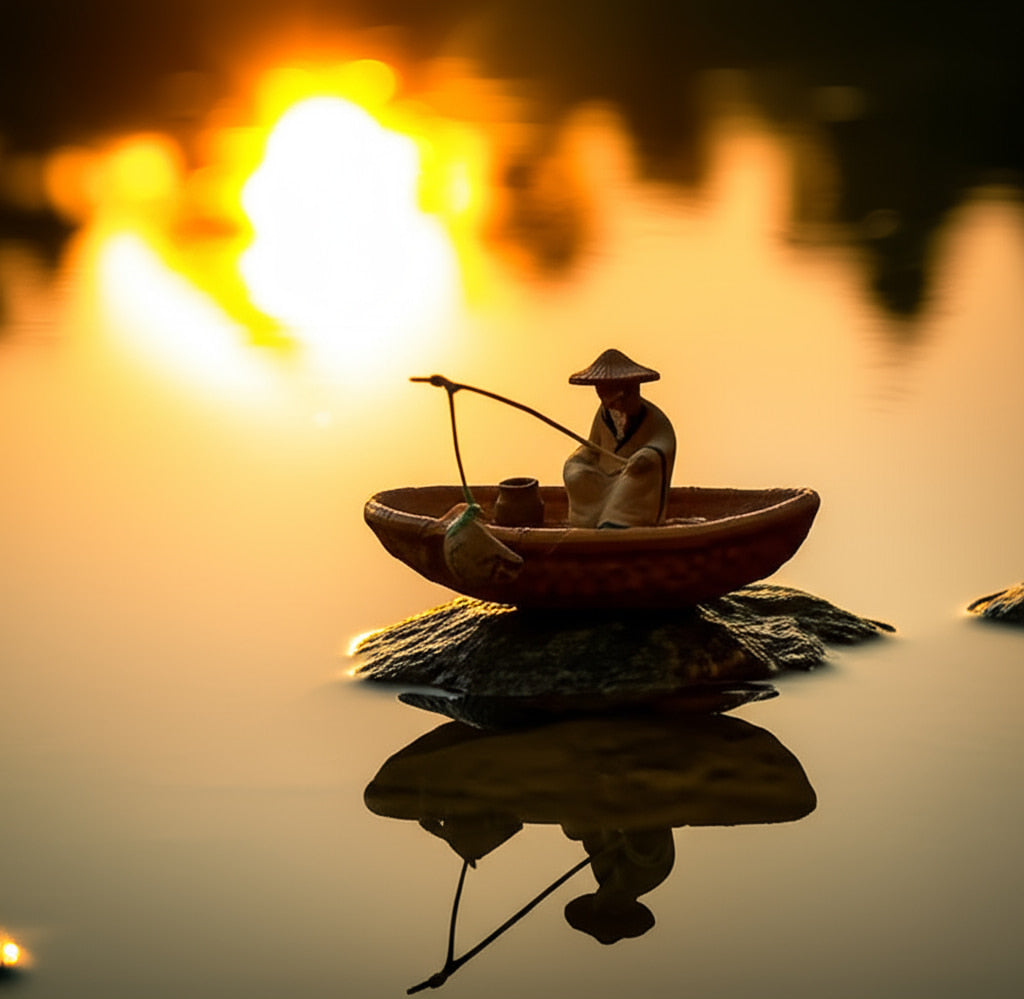A miniature fisherman figurine sits on a rock in calm water. The golden sunset enhances this peaceful fisherman decor.